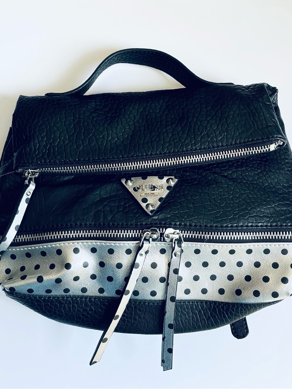 Vintage Guess Dylan Convertible Backpack Foldover Handbag Silver Polka Dot Black
